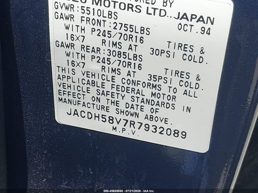 1994 Isuzu Trooper S VIN: JACDH58V7R7932089 Lot: 45689868