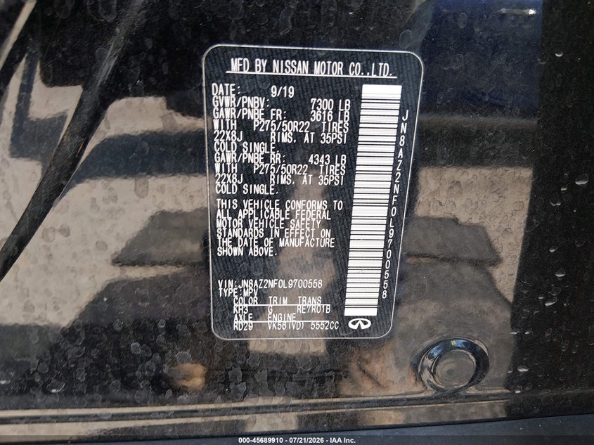 2020 Infiniti Qx80 Luxe VIN: JN8AZ2NF0L9700558 Lot: 45689910