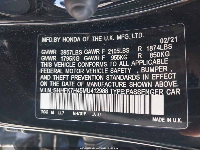 2021 Honda Civic Sport VIN: SHHFK7H45MU412988 Lot: 45689934