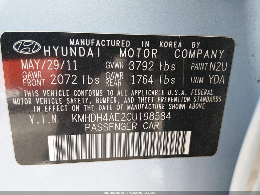 2012 Hyundai Elantra Limited (Ulsan Plant) VIN: KMHDH4AE2CU198584 Lot: 45689952