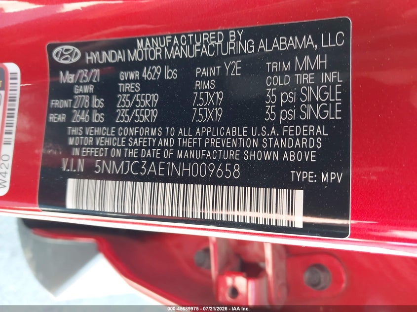 2022 Hyundai Tucson Sel VIN: 5NMJC3AE1NH009658 Lot: 45689975