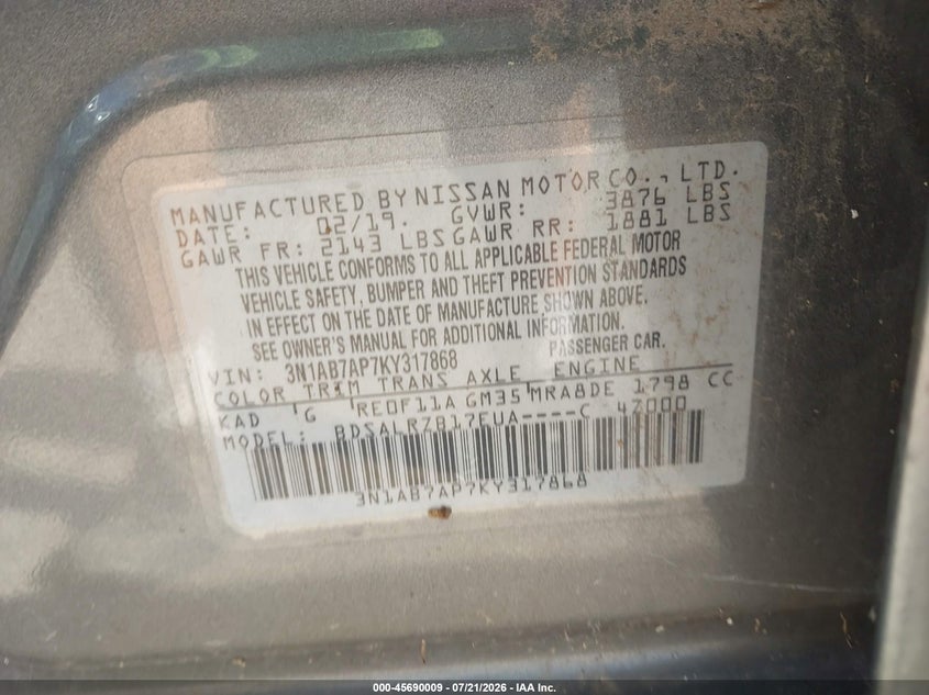 2019 Nissan Sentra Sr VIN: 3N1AB7AP7KY317868 Lot: 45690009