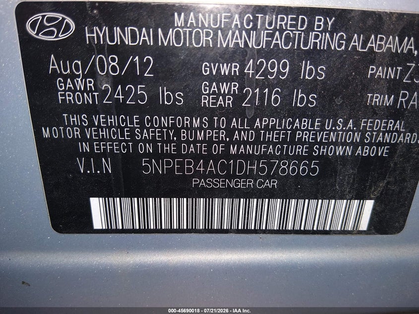2013 Hyundai Sonata Gls VIN: 5NPEB4AC1DH578665 Lot: 45690018