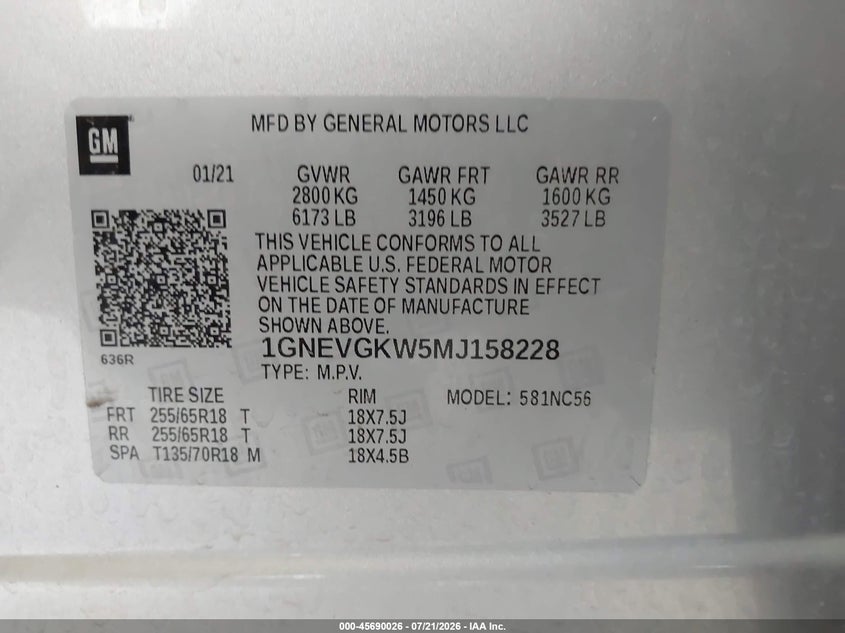 CHEVROLET TRAVERSE 2021 VIN 1GNEVGKW5MJ158228
