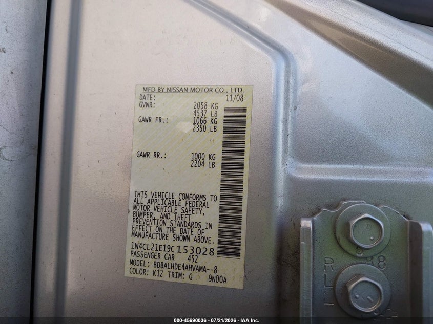 2009 Nissan Altima Hybrid VIN: 1N4CL21E19C153028 Lot: 45690036