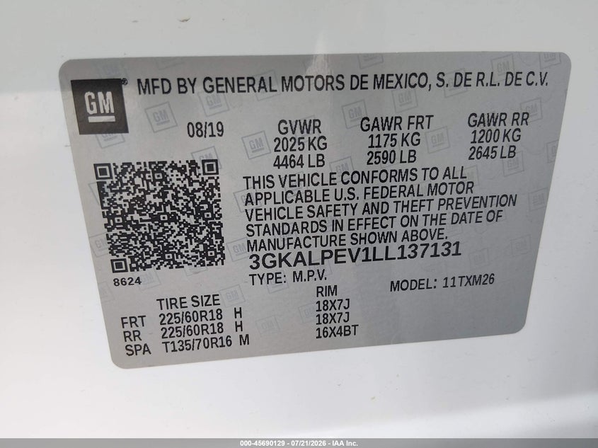 2020 GMC Terrain Fwd Slt VIN: 3GKALPEV1LL137131 Lot: 45690129