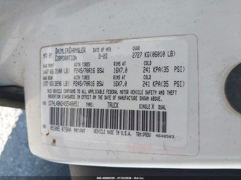 2004 Dodge Dakota Slt VIN: 1D7HL48N24S548051 Lot: 45690255