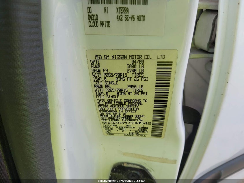 2000 Nissan Xterra Se/Xe VIN: 5N1ED28TXYC590542 Lot: 45690295
