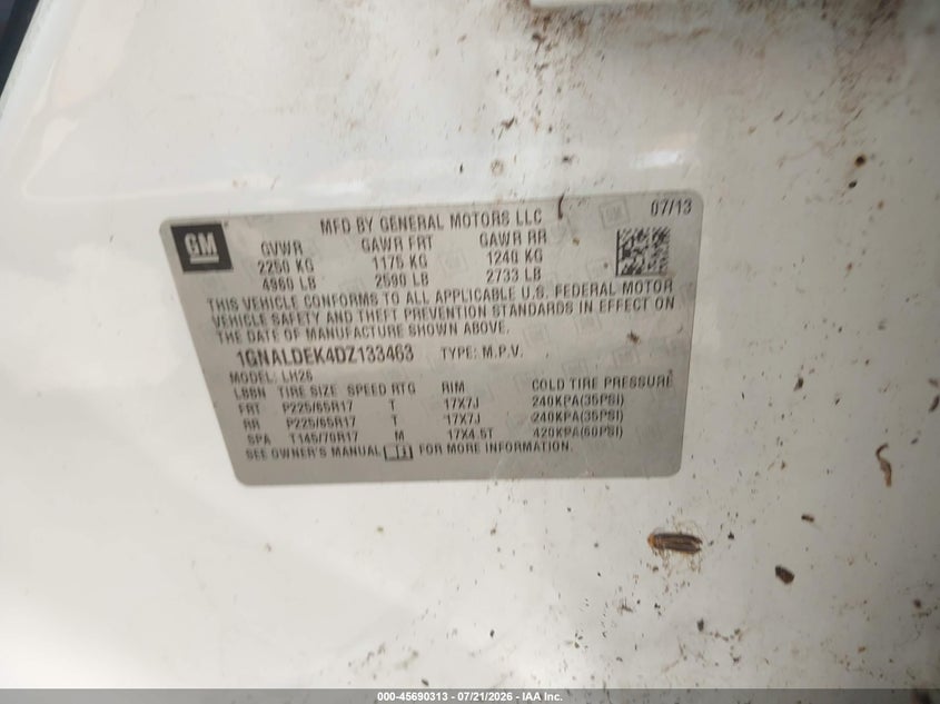 2013 Chevrolet Equinox Lt VIN: 1GNALDEK4DZ133463 Lot: 45690313