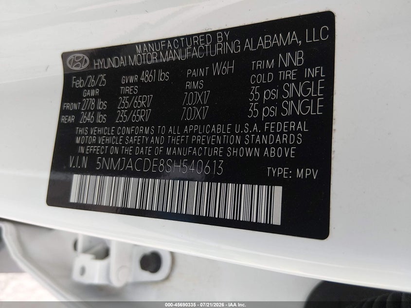 2025 Hyundai Tucson Se VIN: 5NMJACDE8SH540613 Lot: 45690335