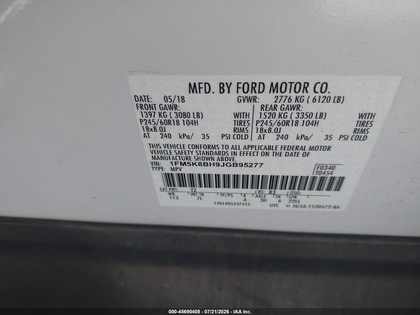 FORD EXPLORER 2018 VIN 1FM5K8BH9JGB95277