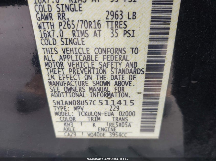 2007 Nissan Xterra X VIN: 5N1AN08U57C511415 Lot: 45690422