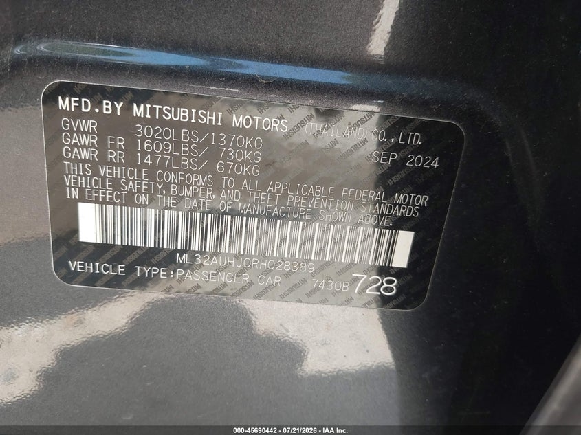 2024 Mitsubishi Mirage Es/Le VIN: ML32AUHJ0RH028389 Lot: 45690442