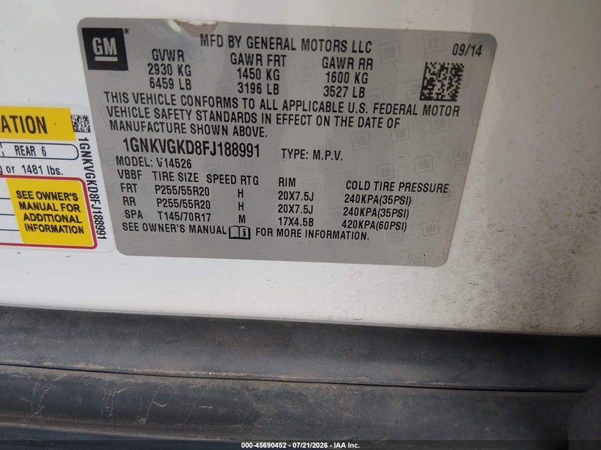 2015 Chevrolet Traverse Lt VIN: 1GNKVGKD8FJ188991 Lot: 45690452