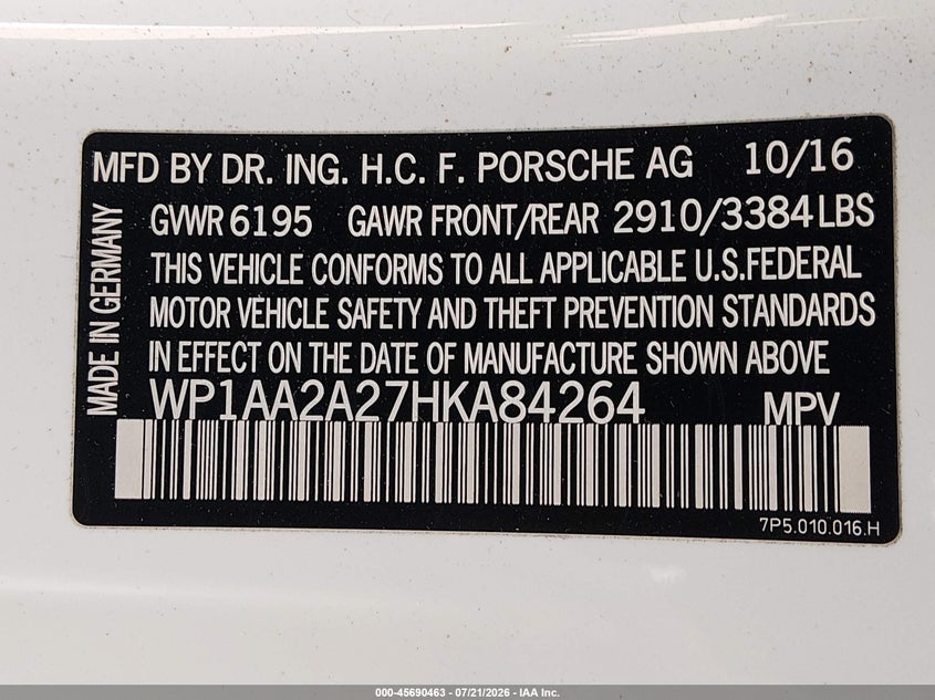 2017 Porsche Cayenne Platinum Edition VIN: WP1AA2A27HKA84264 Lot: 45690463