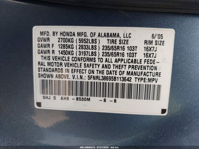 2005 Honda Odyssey Ex-L VIN: 5FNRL38695B113642 Lot: 45690479