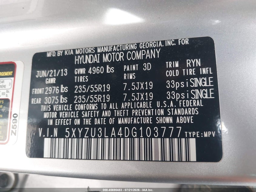 2013 Hyundai Santa Fe Sport 2.0T VIN: 5XYZU3LA4DG103777 Lot: 45690483