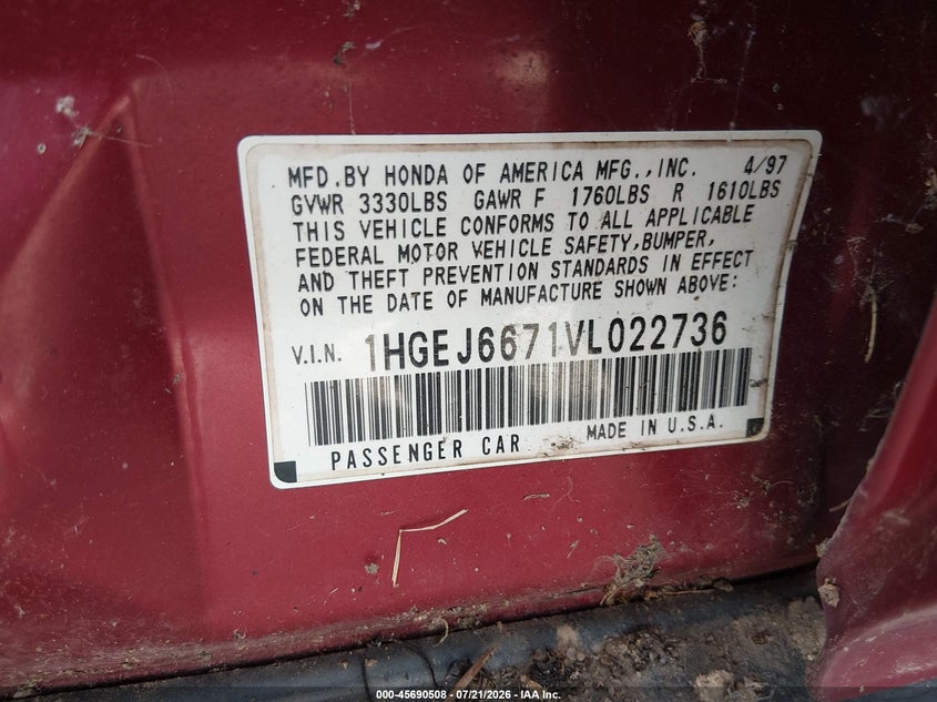 1997 Honda Civic Lx VIN: 1HGEJ6671VL022736 Lot: 45690508