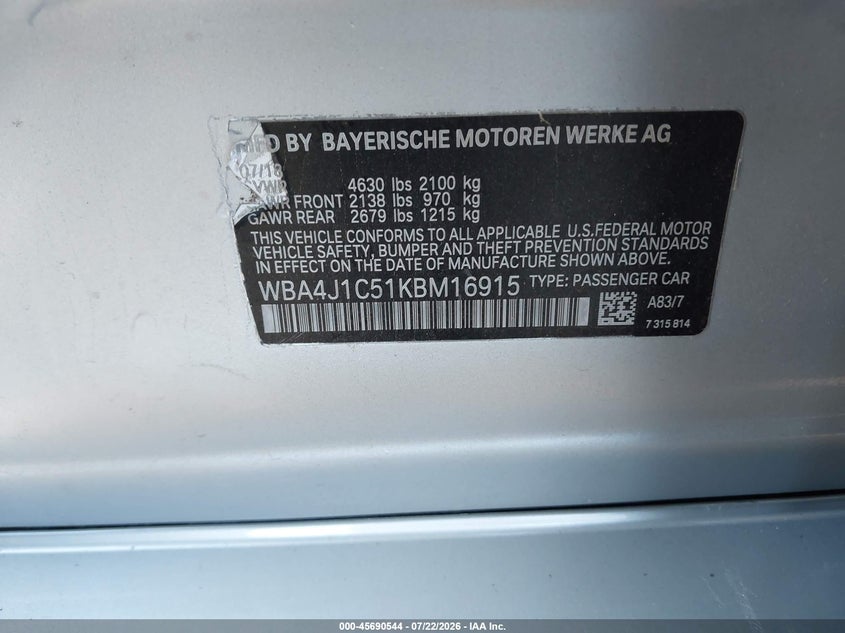2019 BMW 4ER HATCHBACK 2.0L I-4 DI, DOHC, VVT, TURBO, 248HP