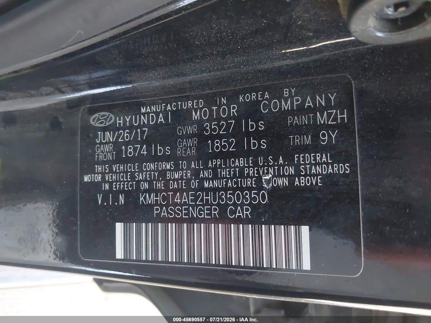 2017 Hyundai Accent Se VIN: KMHCT4AE2HU350350 Lot: 45690557