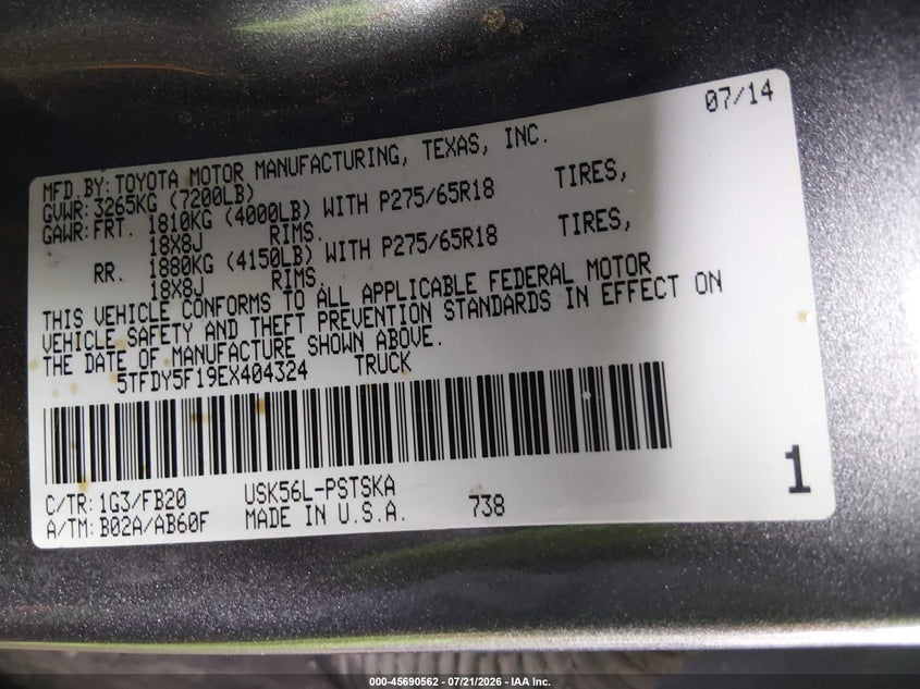 2014 Toyota Tundra Sr5 5.7L V8 VIN: 5TFDY5F19EX404324 Lot: 45690562