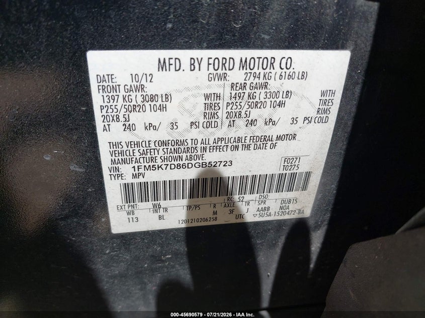 2013 Ford Explorer Xlt VIN: 1FM5K7D86DGB52723 Lot: 45690579