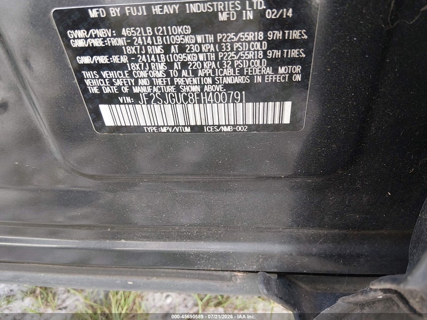 2015 Subaru Forester 2.0Xt Touring VIN: JF2SJGUC8FH400791 Lot: 45690589