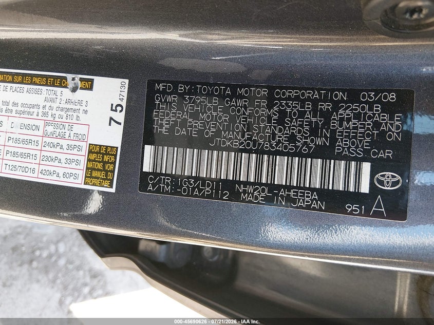 2008 Toyota Prius VIN: JTDKB20U783405767 Lot: 45690626