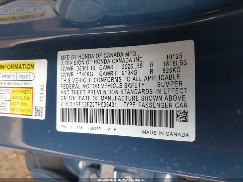 2026 Honda Civic Lx VIN: 2HGFE2F23TH533431 Lot: 45690664