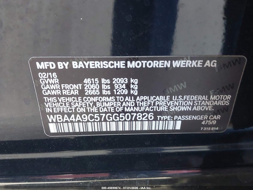 2016 BMW 428I Gran Coupe VIN: WBA4A9C57GG507826 Lot: 45690674