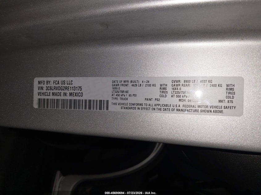 RAM PROMASTER 2500 2024 VIN 3C6LRVDG2RE113175