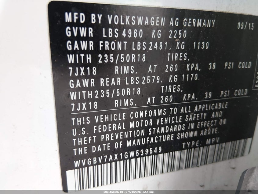 2016 Volkswagen Tiguan Se VIN: WVGBV7AX1GW539549 Lot: 45690710