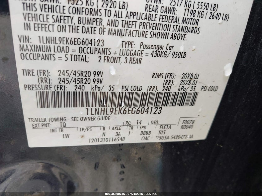 2014 Lincoln Mks VIN: 1LNHL9EK6EG604123 Lot: 45690735