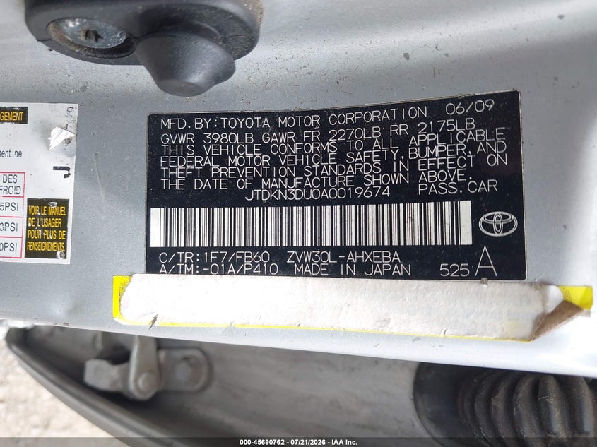 2010 Toyota Prius Ii VIN: JTDKN3DU0A0019674 Lot: 45690762