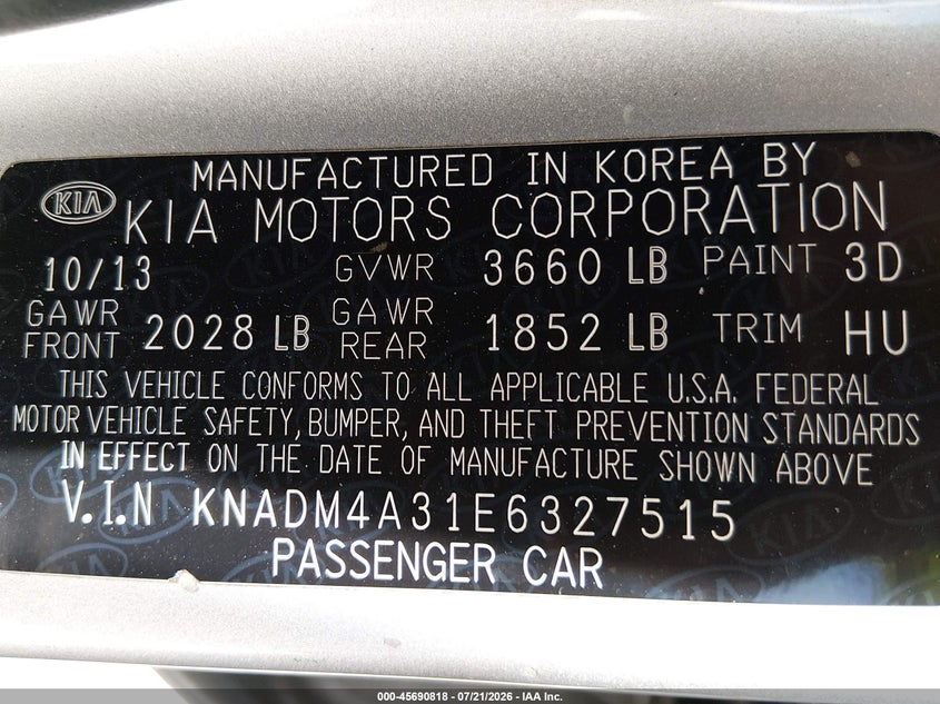 2014 Kia Rio Lx VIN: KNADM4A31E6327515 Lot: 45690818
