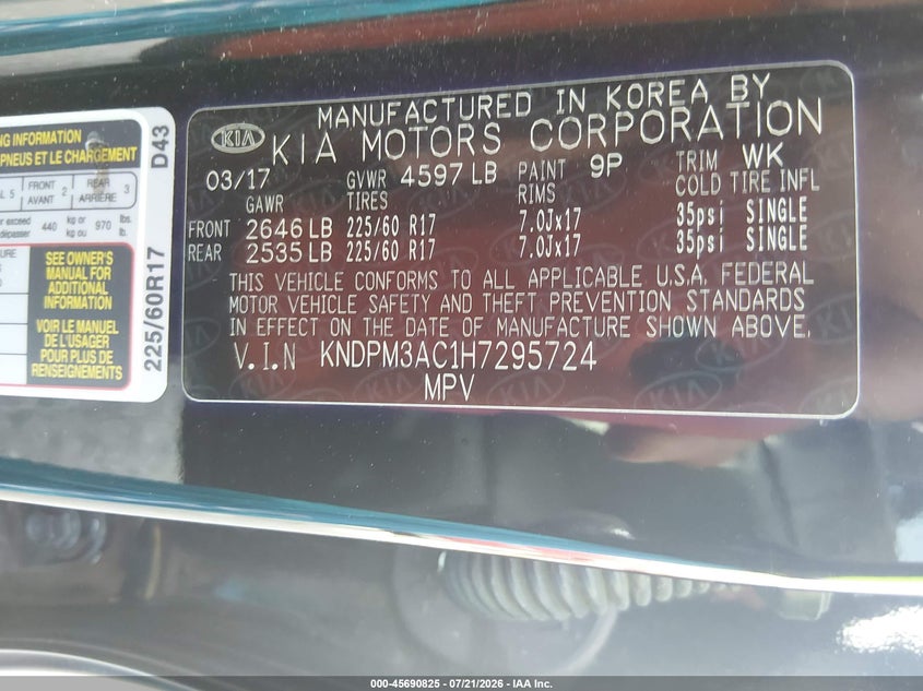 2017 Kia Sportage Lx VIN: KNDPM3AC1H7295724 Lot: 45690825