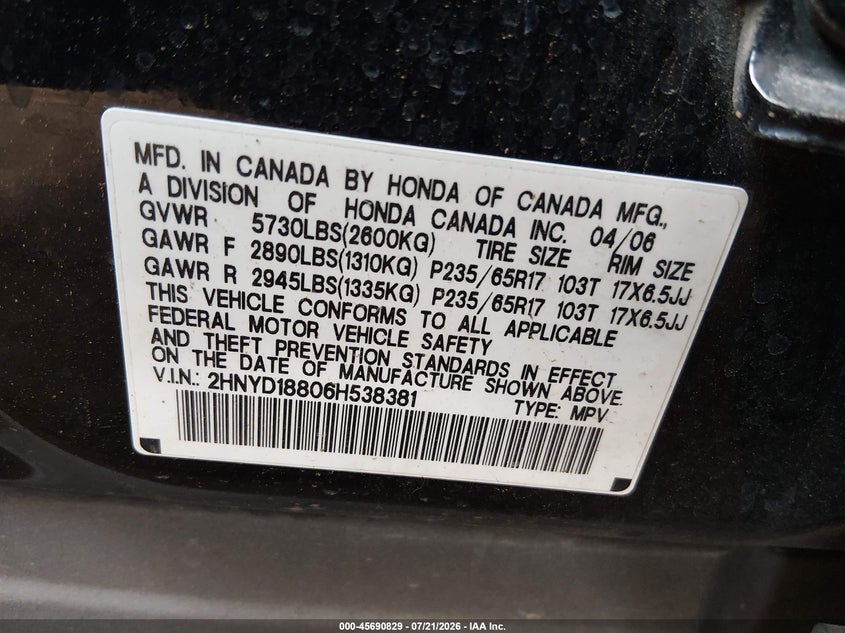 2006 Acura Mdx VIN: 2HNYD18806H538381 Lot: 45690829