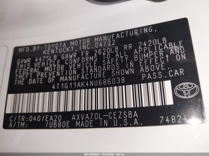 2022 Toyota Camry Se VIN: 4T1G11AK4NU686038 Lot: 45690834