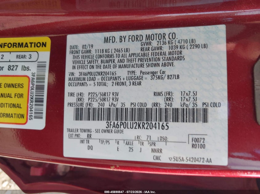 FORD FUSION HYBRID 2019 VIN 3FA6P0LU2KR204165