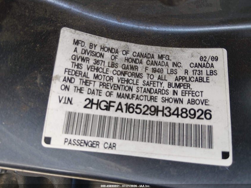 2009 Honda Civic Lx VIN: 2HGFA16529H348926 Lot: 45690851