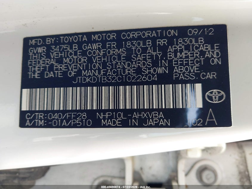 2012 Toyota Prius C Two VIN: JTDKDTB32C1022604 Lot: 45690874