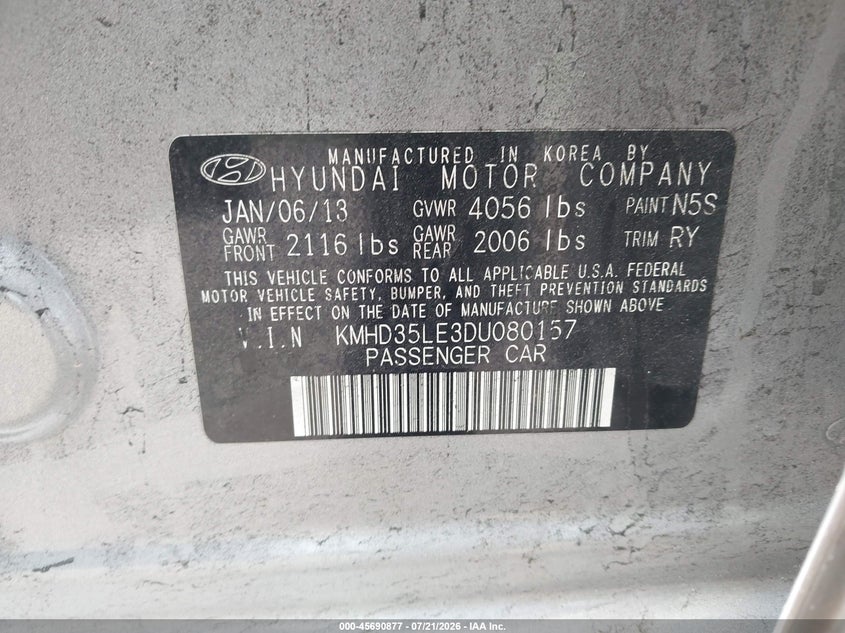 2013 Hyundai Elantra Gt VIN: KMHD35LE3DU080157 Lot: 45690877