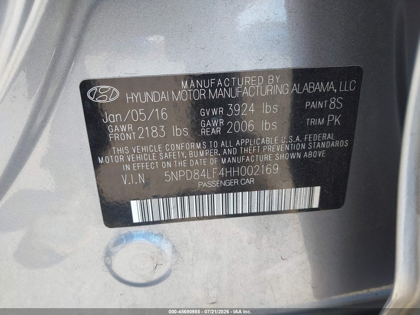 2017 Hyundai Elantra Limited VIN: 5NPD84LF4HH002169 Lot: 45690985