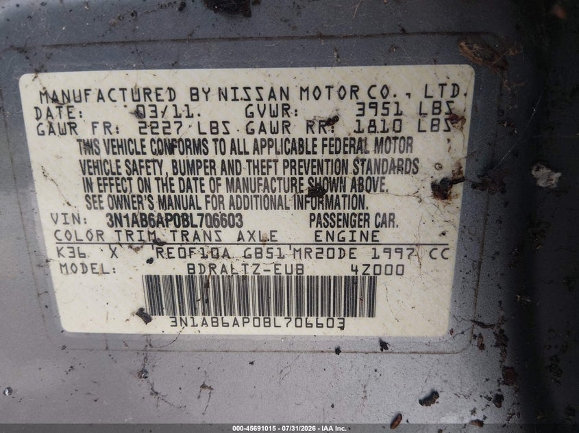 2011 NISSAN SENTRA SEDAN 2.0L I-4 DOHC, VVT, 140HP