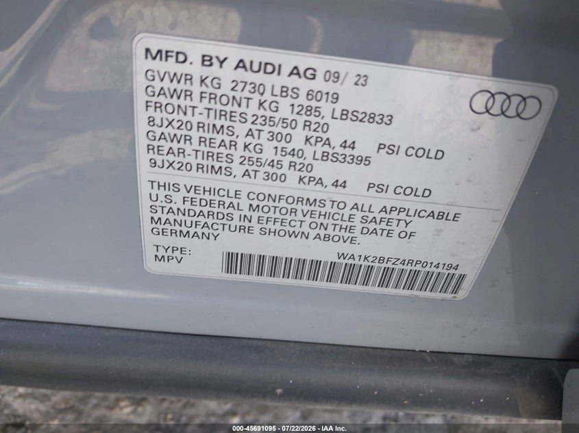 AUDI Q4 E-TRON 2024 VIN WA1K2BFZ4RP014194