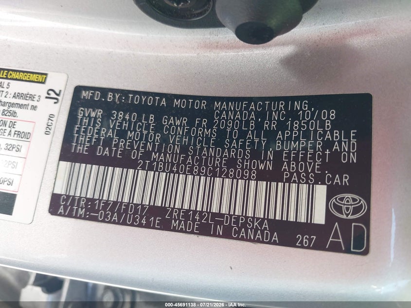 2009 Toyota Corolla S VIN: 2T1BU40E89C128098 Lot: 45691138