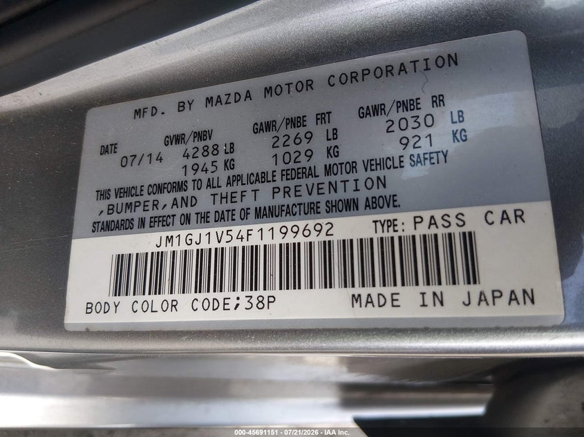 2015 Mazda Mazda6 I Touring VIN: JM1GJ1V54F1199692 Lot: 45691151