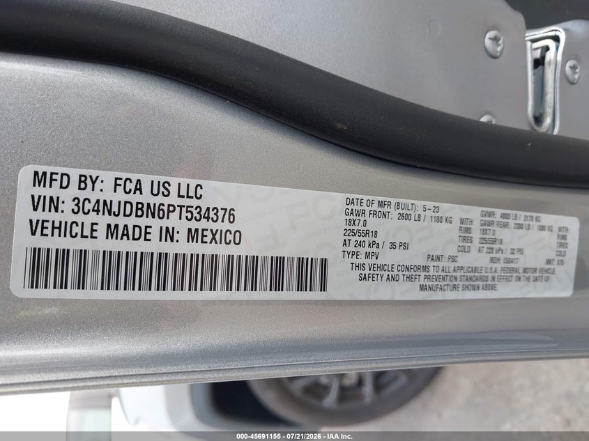 2023 Jeep Compass Altitude 4X4 VIN: 3C4NJDBN6PT534376 Lot: 45691155