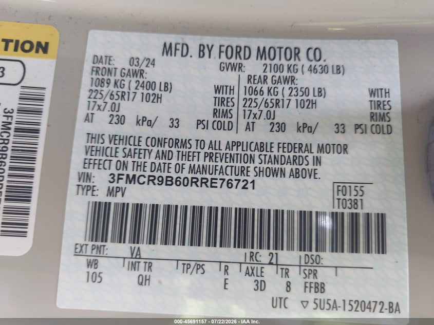 FORD BRONCO SPORT 2024 VIN 3FMCR9B60RRE76721