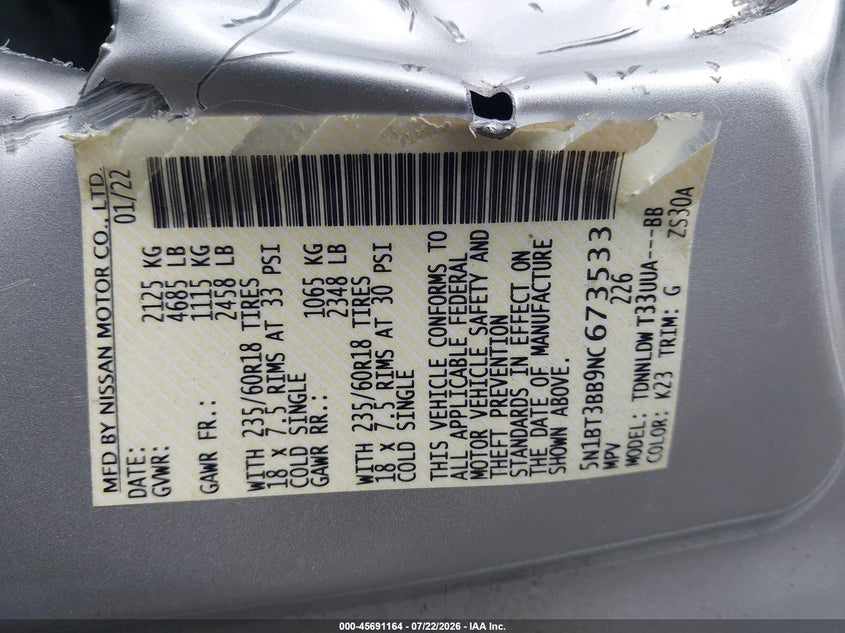 NISSAN ROGUE 2022 VIN 5N1BT3BB9NC673533